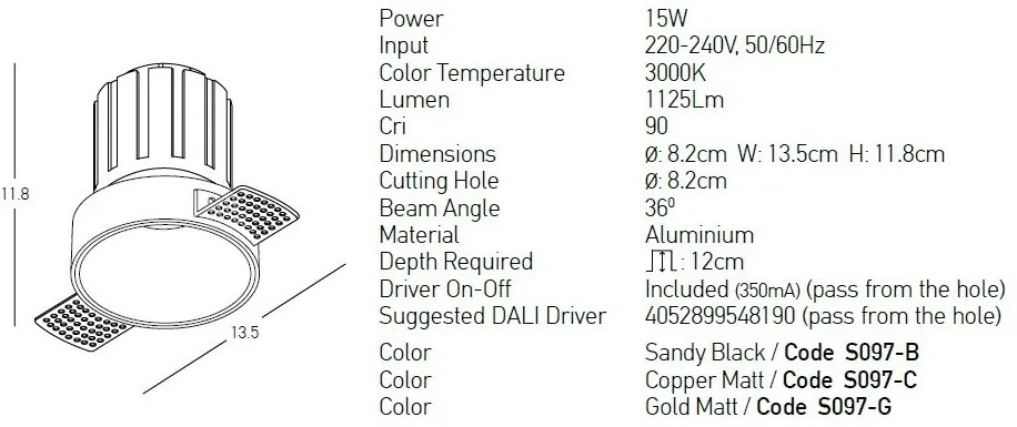 Spot LED incastrabil Trimless cupru 15W 3000K