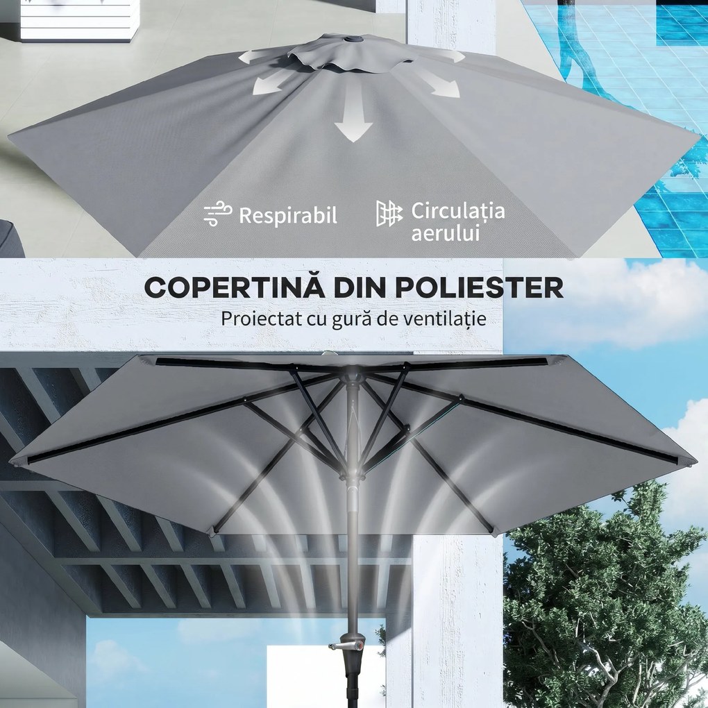 Outsunny Umbrelă Inclinabilă pentru Grădină și Terasă 2.3x2m cu Deschidere Ușoară prin Manivelă, Structură Metalică și 6 Stinghii, Gri | Aosom Romania