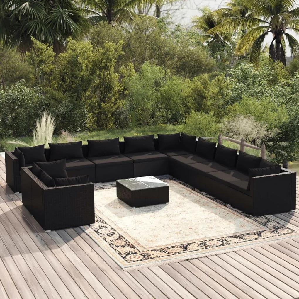 3102536 vidaXL Set mobilier de grădină cu perne, 12 piese, negru, poliratan
