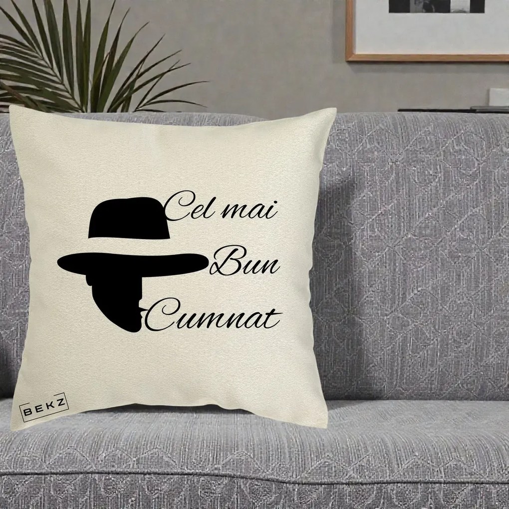 Cadou pentru Cumnat - Perna Personalizata Cel mai Bun Cumnat cu Silueta Palarie, 40x40 cm, Ecru, Husa Detasabila, Perna Inclusa, BEKZ®