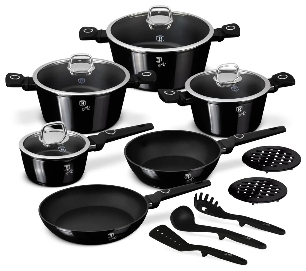 Set oale si tigai cu capace, 15 piese Black Vantage Berlinger Haus BH 8232, antiaderente, inductie, negru, design premium