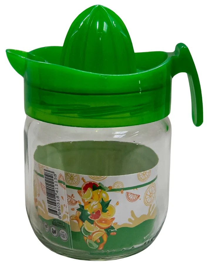 Storcator de fructe manual cu capac verde din plastic si borcanas din sticla, 350 ml