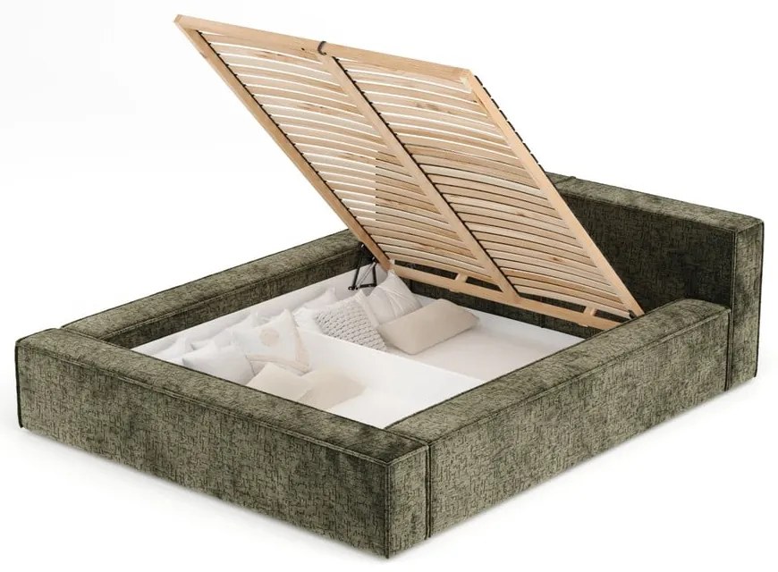 Pat matrimonial verde închis tapițat cu spațiu de depozitare cu somieră 180x200 cm Voliera – Maison de Rêve