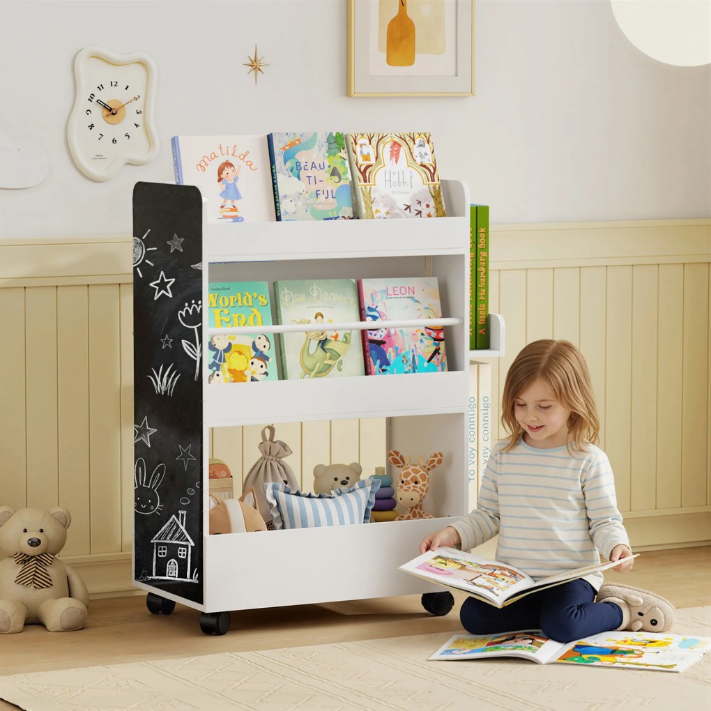 AIYAPLAY Bibliotecă pentru Copii 3-8 Ani pe Două Părți, Raft de Jucării cu Roți și Tablă Neagră, Alb | Aosom Romania