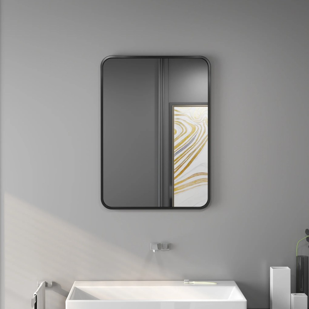 HOMCOM Oglindă de baie cu ramă metalică și agățătoare, 50x2.5x70 cm, negru | Aosom Romania