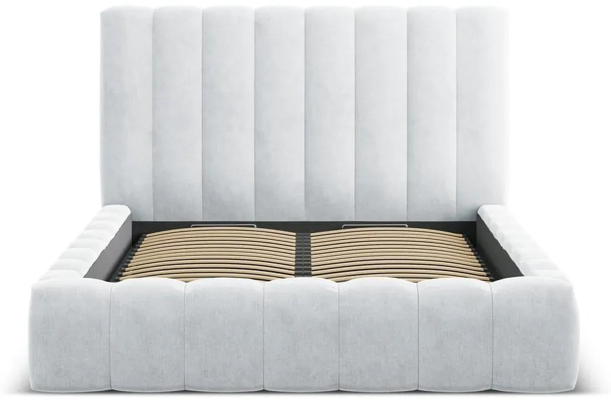 Pat matrimonial gri deschis tapițat cu spațiu de depozitare cu somieră 180x200 cm Kelp – Micadoni Home