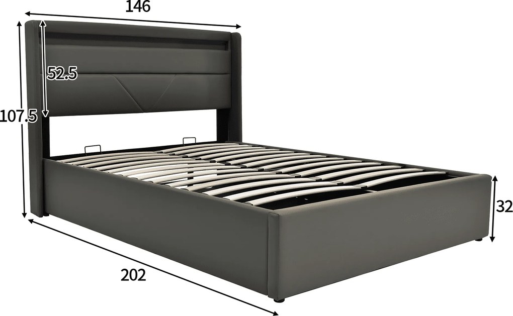 Pat dublu cu ladă de depozitare, cu LED și telecomandă, structură tapițată 140x200 cm, Gri