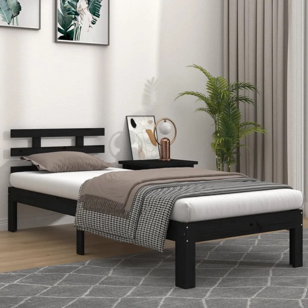 814718 vidaXL Cadru de pat mic single, negru, 75x190 cm, lemn masiv