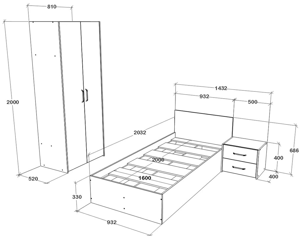 Set haaus V18, Pat 200 x 90 cm, Stejar Artisan/Argila