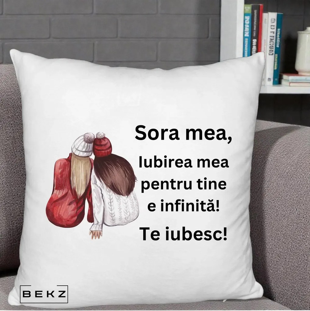 Cadou pentru Sora - Perna Personalizata Sora Mea Te Iubesc Doua Fete Iarna Acuarela, 40x40 cm, Alb Pufos, Husa Detasabila, Perna Inclusa, BEKZ®