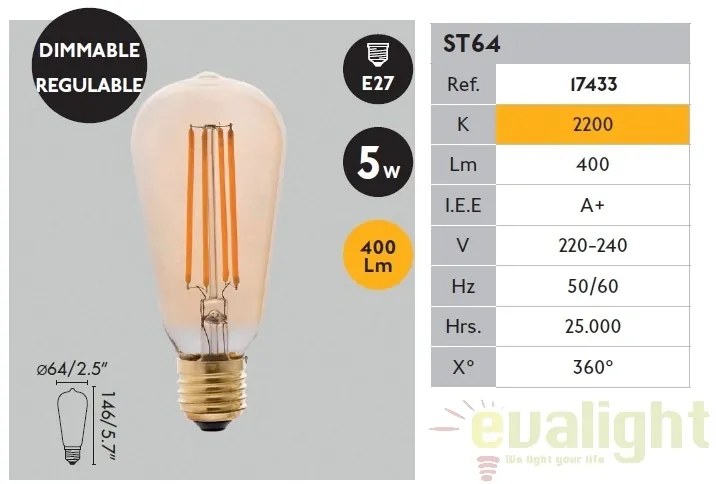Bec LED decorativ dimabil FILAMENT amber E27 5W 2200K 17433
