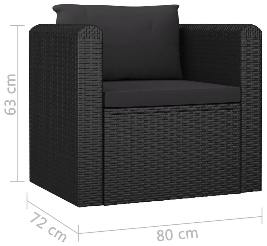 Set mobilier de gradina cu perne, 9 piese, negru, poliratan Negru, 4x colt + mijloc + 2x fotoliu + 2x masa, 1