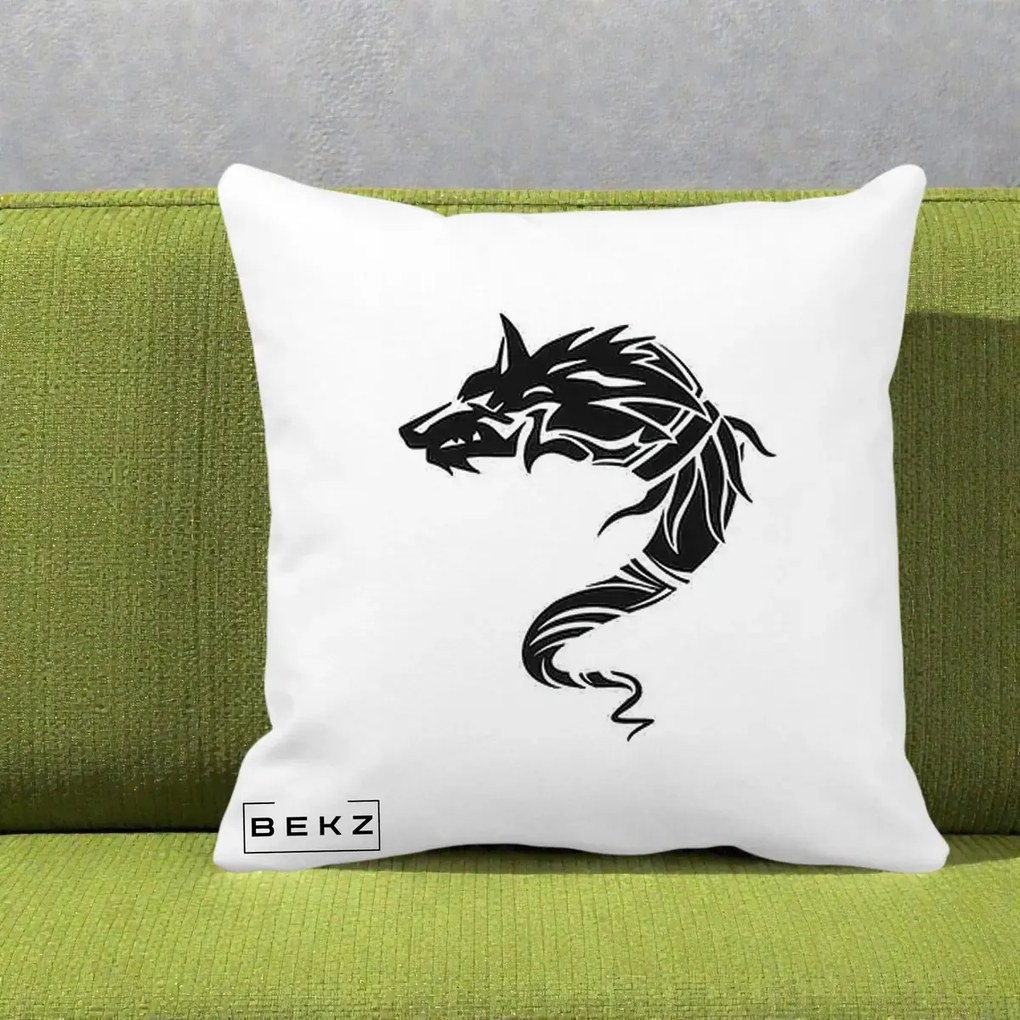 Perna Decorativa Lup Tribal Alb-Negru, 40x40 cm, Alba Mata, Husa Detasabila, Perna Inclusa, BEKZ®