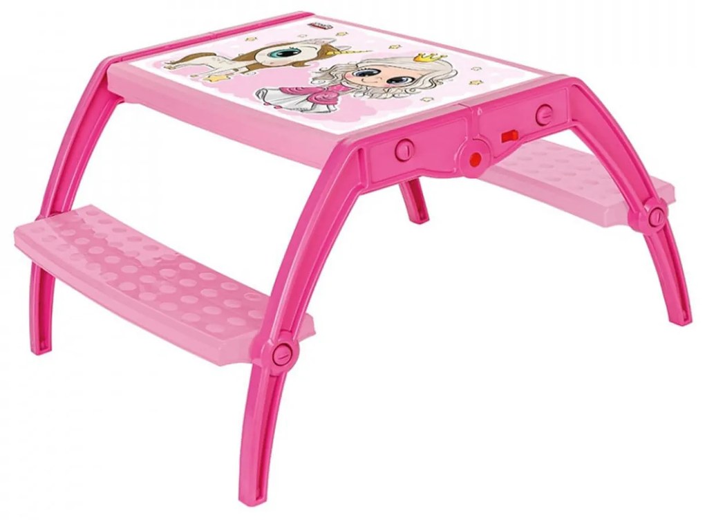 Masuta copii din plastic aditivat cu doua bancute Novokids™ Study Table, dimensiuni 95X78X49 cm, Suprafata lucioasa, Model Printesa cu Unicorn, Roz
