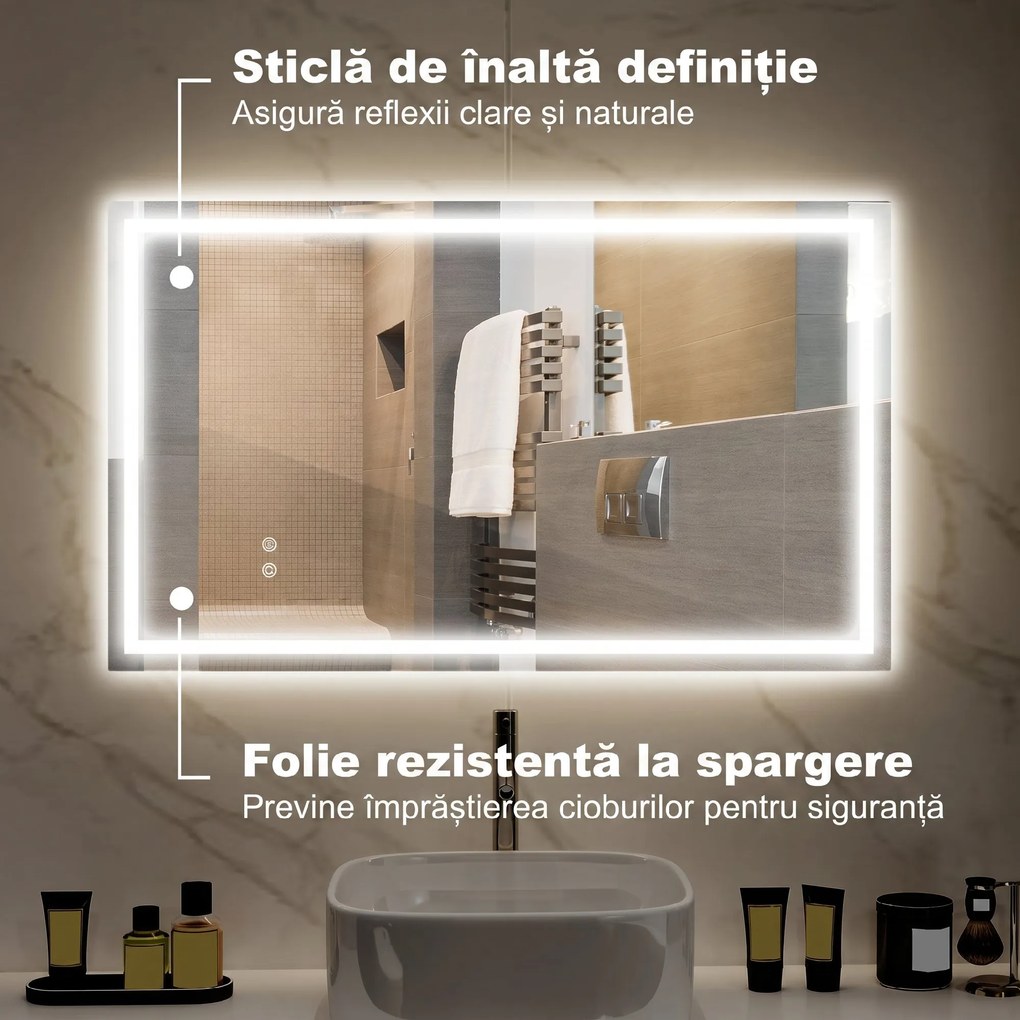HOMCOM Oglindă de Baie Iluminată cu Lumini LED Reglabile și Strat Anti-Condens, 100x60 cm, Transparent | Aosom Romania