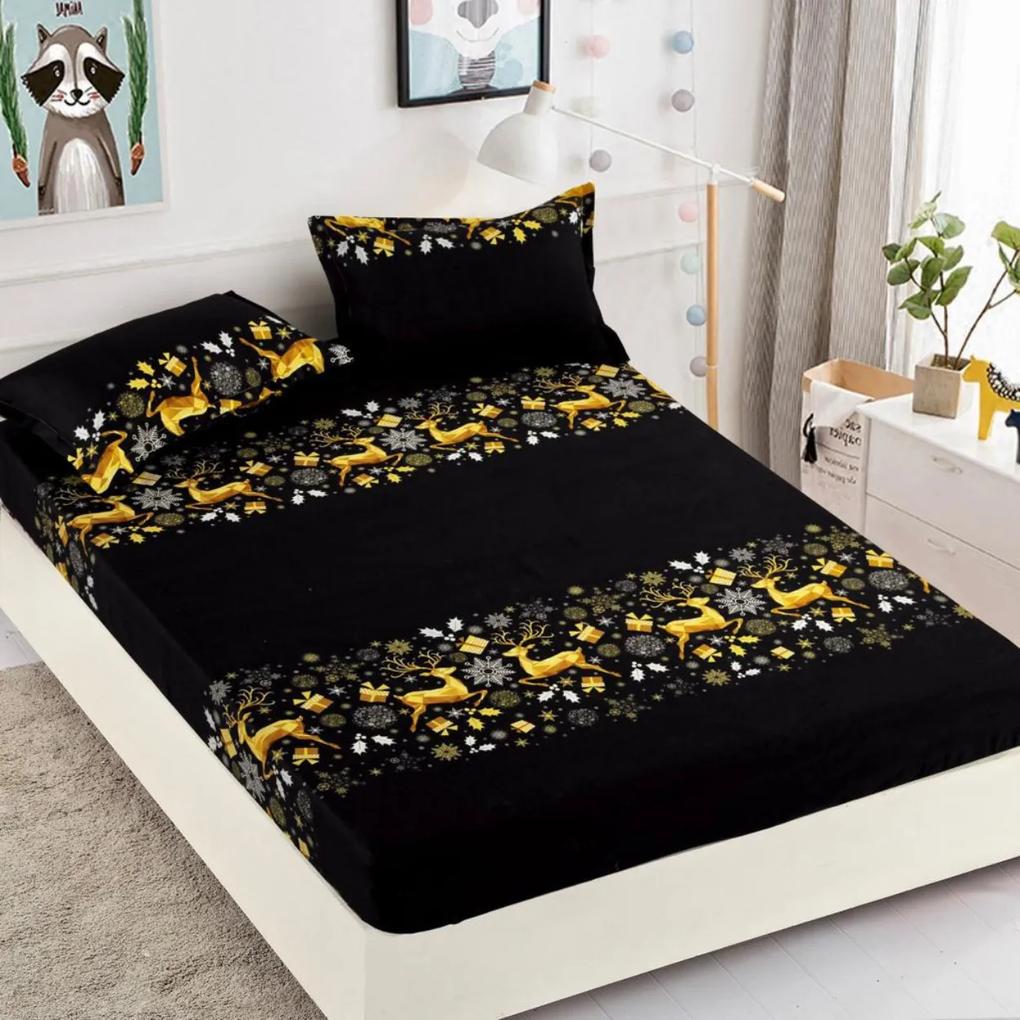 Set husa de pat Mos Craciun cu elastic si 2 fete de perna, tesatura tip finet, 3 piese, pat 2 persoane, negru / galben, HBFC-34