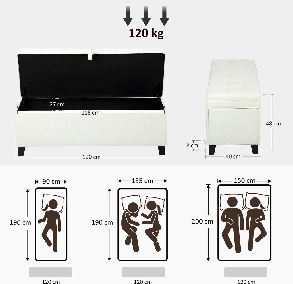 HOMCOM Bancă de depozitare 112L, banchetă pentru capătul patului din țesătură tip in, șezut capitonat, 120 x 40 x 48 cm, crem | Aosom Romania