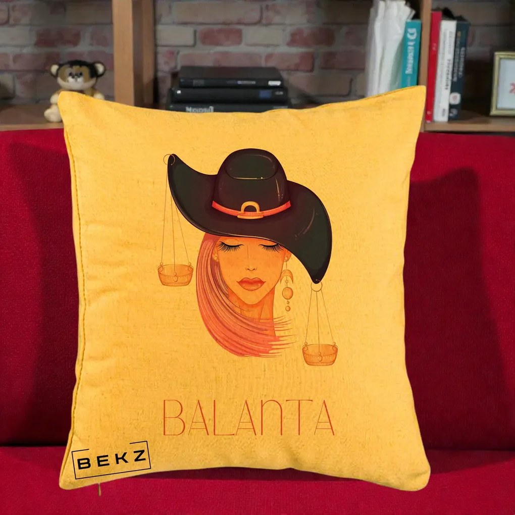 Perna Personalizata Zodiac Balanta Cowgirl, 40x40 cm, Galben, Husa Detasabila, Perna Inclusa, BEKZ®