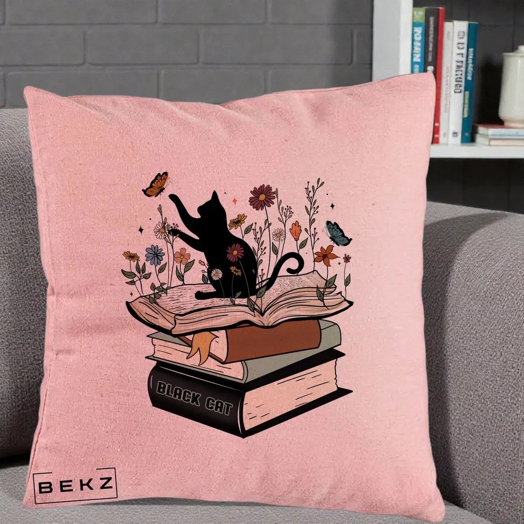 Perna Personalizata Pisica Neagra Carti Flori Fluturi, 40x40 cm, Roz, Husa Detasabila, Perna Inclusa, BEKZ®