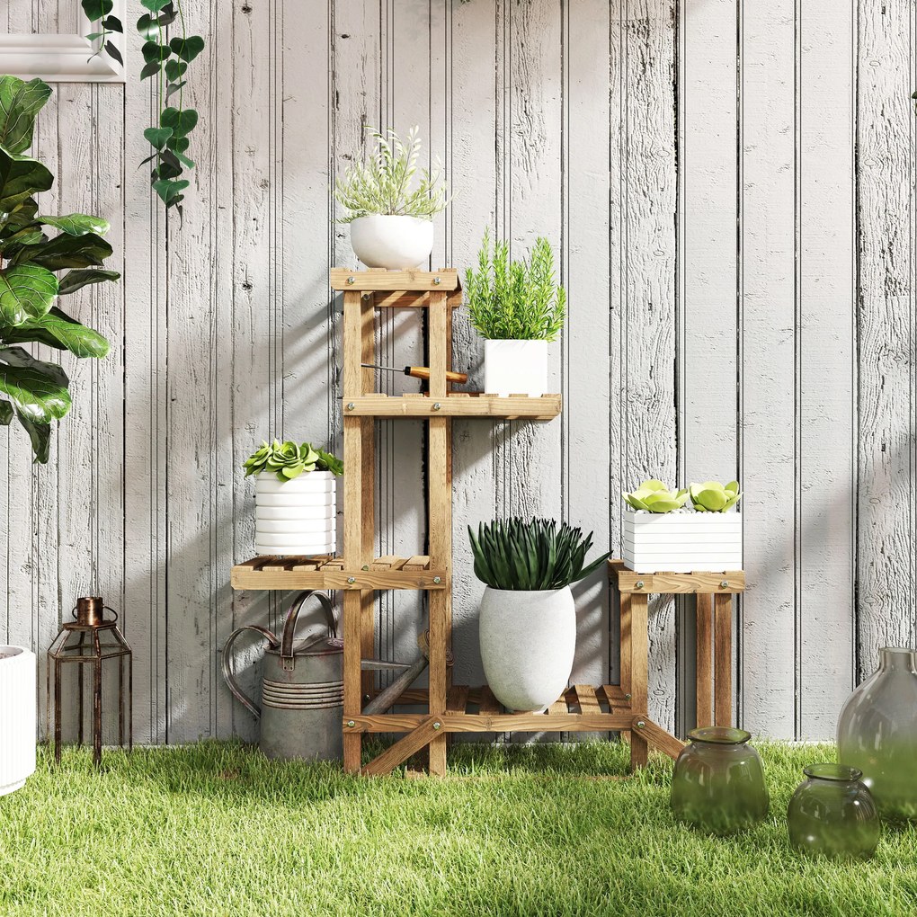 Outsunny Raft pentru Plante si Flori pe 6 Nivele Asimetric, Suport flori din Lemn pentru Gradina si Casa, Culoare Natur | Aosom Romania
