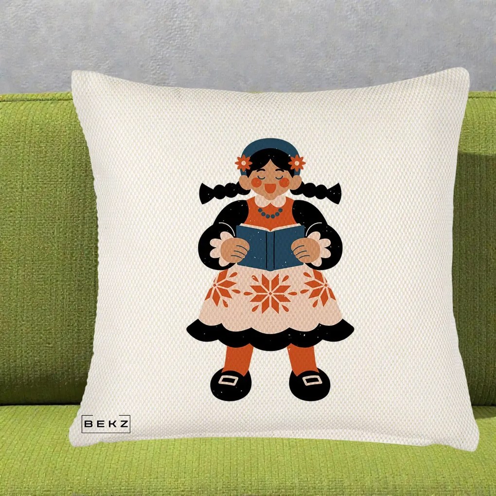 Perna Personalizata Fetita cu Carte Ilustratie Folk, 40x40 cm, Crem Reliefat, Husa Detasabila, Perna Inclusa, BEKZ®