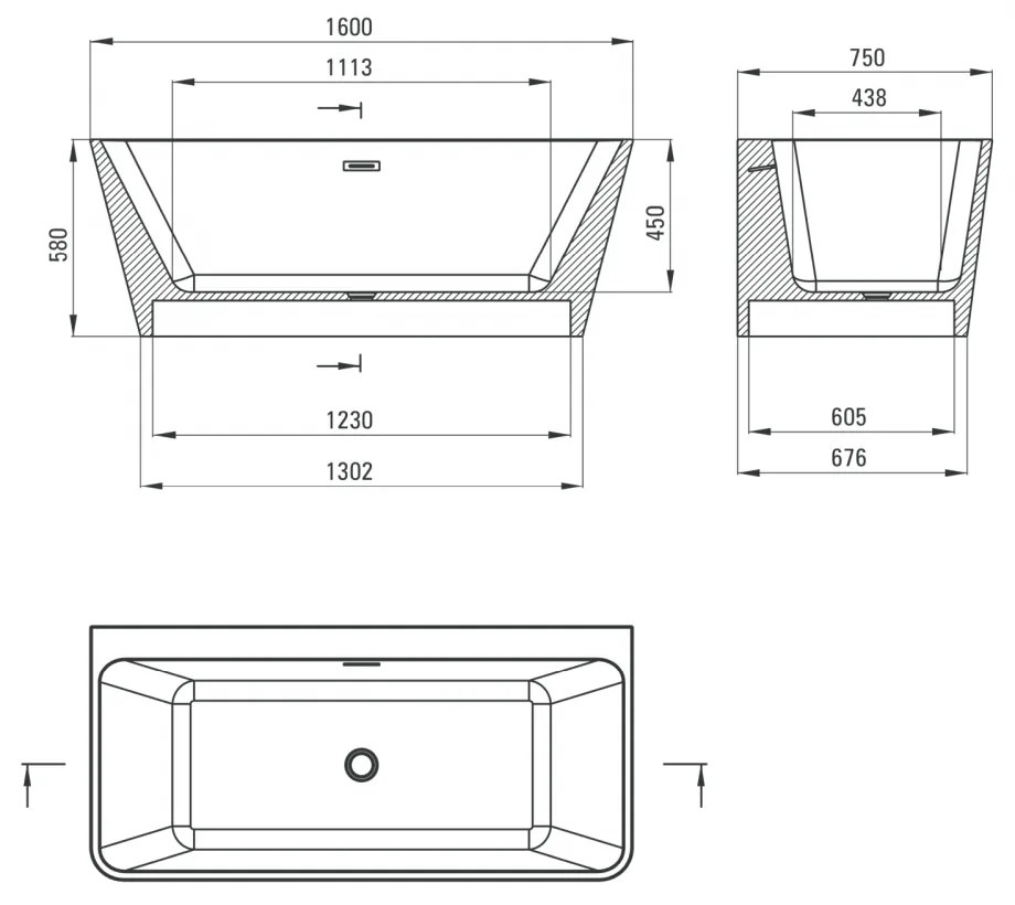 Cada baie freestanding dreptunghiulara lipita de perete 160 x 75 cm, Hiacynt, Deante 1600x750 mm