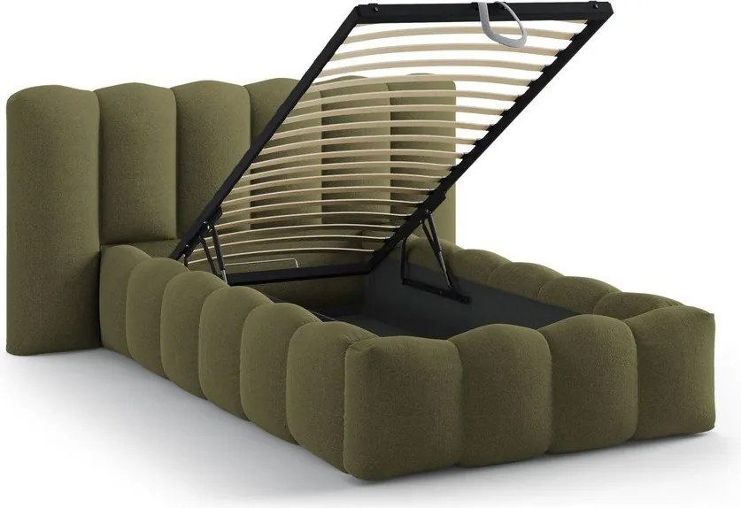 Pat kaki tapițat cu spațiu de depozitare cu somieră 90x200 cm Lupine – Micadoni