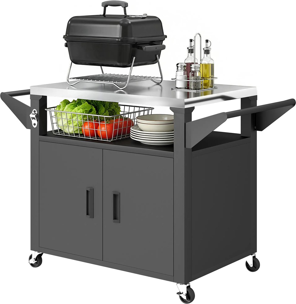 Outsunny Cărucior de bucătărie cu roți, cărucior de servire, cărucior cu dulap, mânere, suprafață din oțel inoxidabil 117 x 55 x 78 cm Negru | Aosom Romania