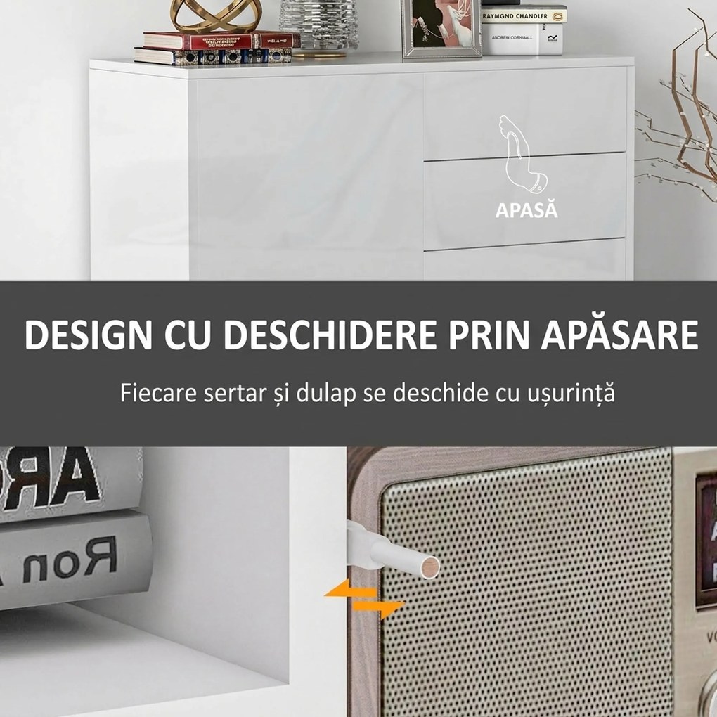 HOMCOM Comodă Elegantă cu Deschidere Touch, 2 Dulapuri și 2 Sertare, pentru Living și Dormitor, 79x36x74cm, Alb Lucios | Aosom Romania