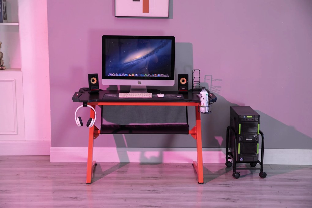 Birou gaming SIG 01R, sistem iluminare LED, bază metalică în formă de Z, picioare reglabile, 120x60x76 cm