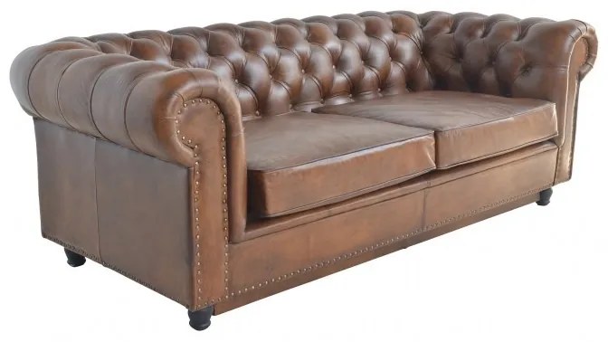 Canapea extensibila Chesterfield, maro, din piele naturala