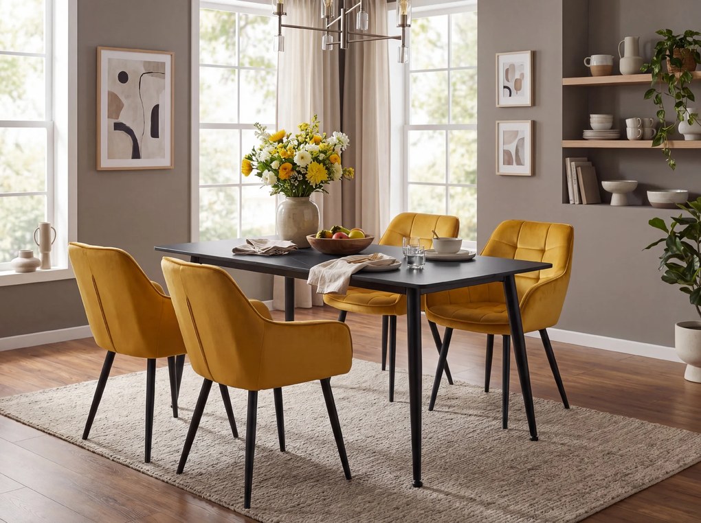 Masa de dining RION 130x70 cm cu blat ceramic, marmura neagra