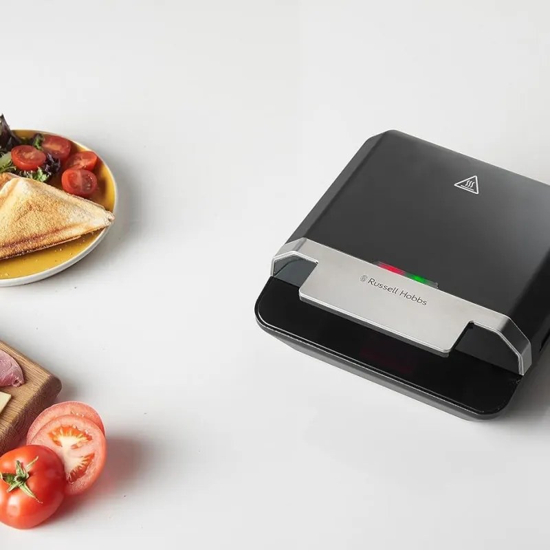 Sandwich Toaster Russell Hobbs Creations 26800-56, 750W, 4 felii, Placi neaderente, Incalzire rapida, Indicatoare, Negru/Inox