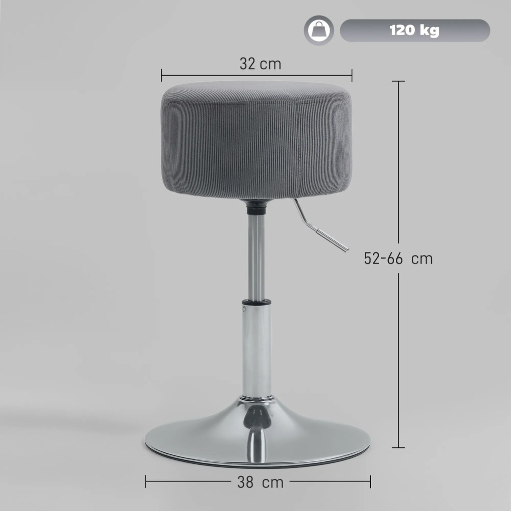 HOMCOM Taburet Înalt de Bucătărie Reglabil în Înălțime 52-66 cm Tapitat cu Catifea Rotativ 360° Gri | Aosom Romania