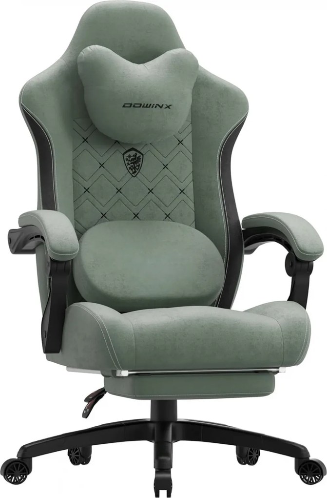 DOWINX Scaun gaming, ergonomic, Incalzire si Masaj cu Role in perna lombara, Șezut cu Arcuri Metalice și Spumă, rabatabil 90°-135°, Suport picioare, rezistent 150 kg, material textil, Verde