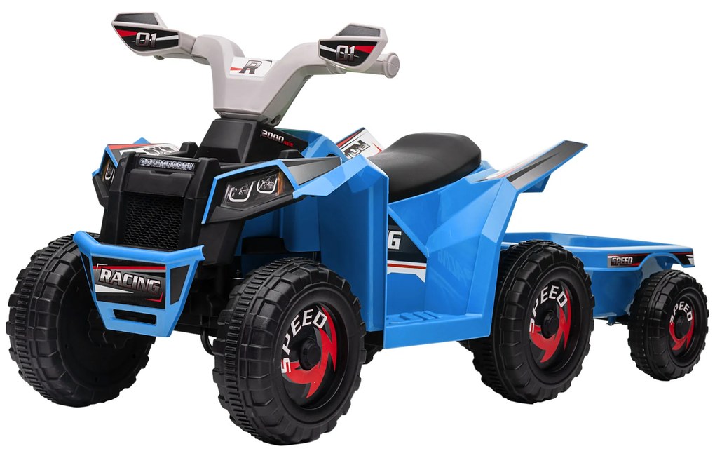 HOMCOM Quad pentru copii, reîncărcabil, 2,5 km/h, cu remorcă, 50 min. autonomie, pentru copii de la 1,5 la 3 ani, Albastru | Aosom Romania
