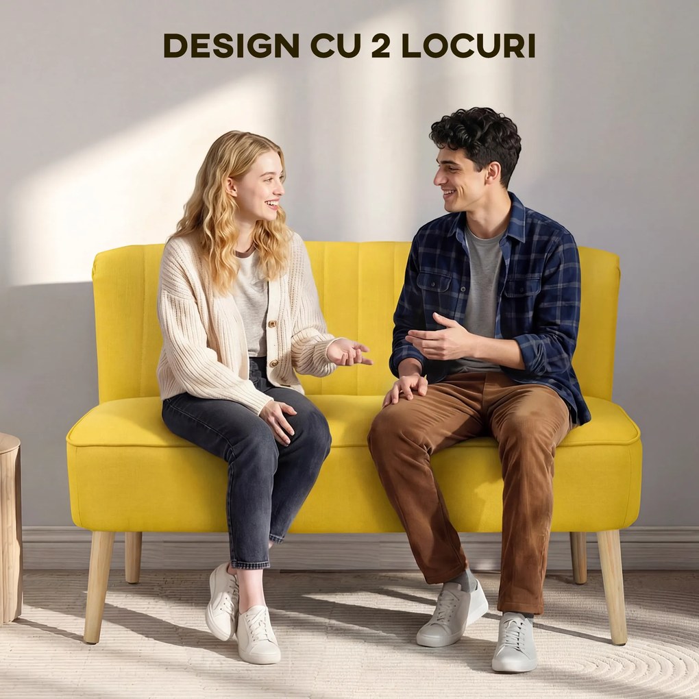 HOMCOM Canapea cu 2 Locuri din Țesătură, Fără Brațe, Canapea de Sufragerie cu Picioare din Lemn, 117x56,5x77 cm, Galben | Aosom Romania