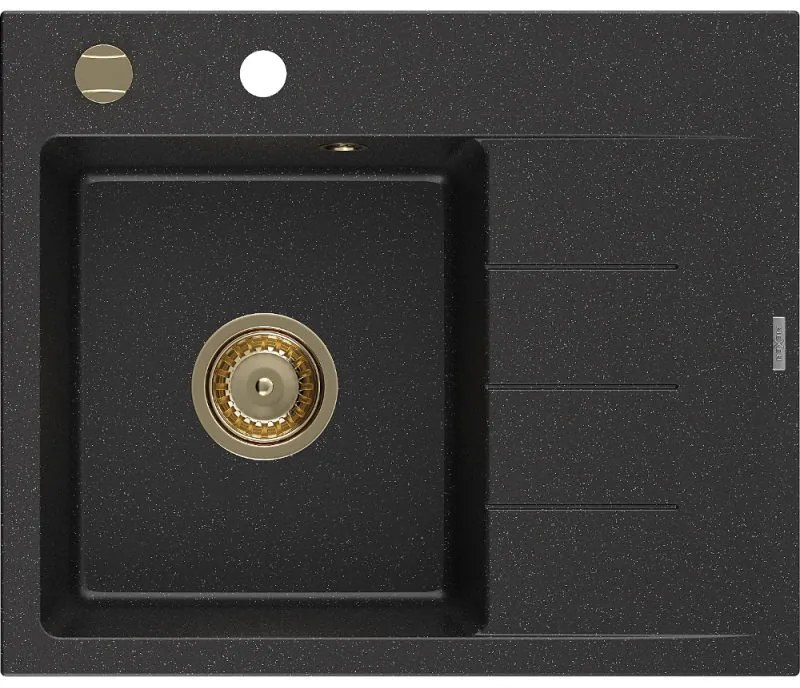 Mexen Ben chiuvetă de bucătărie din granit cu 1 compartiment și scurgător, stângă 600 x 500 mm, negru/argintiu metalizat,