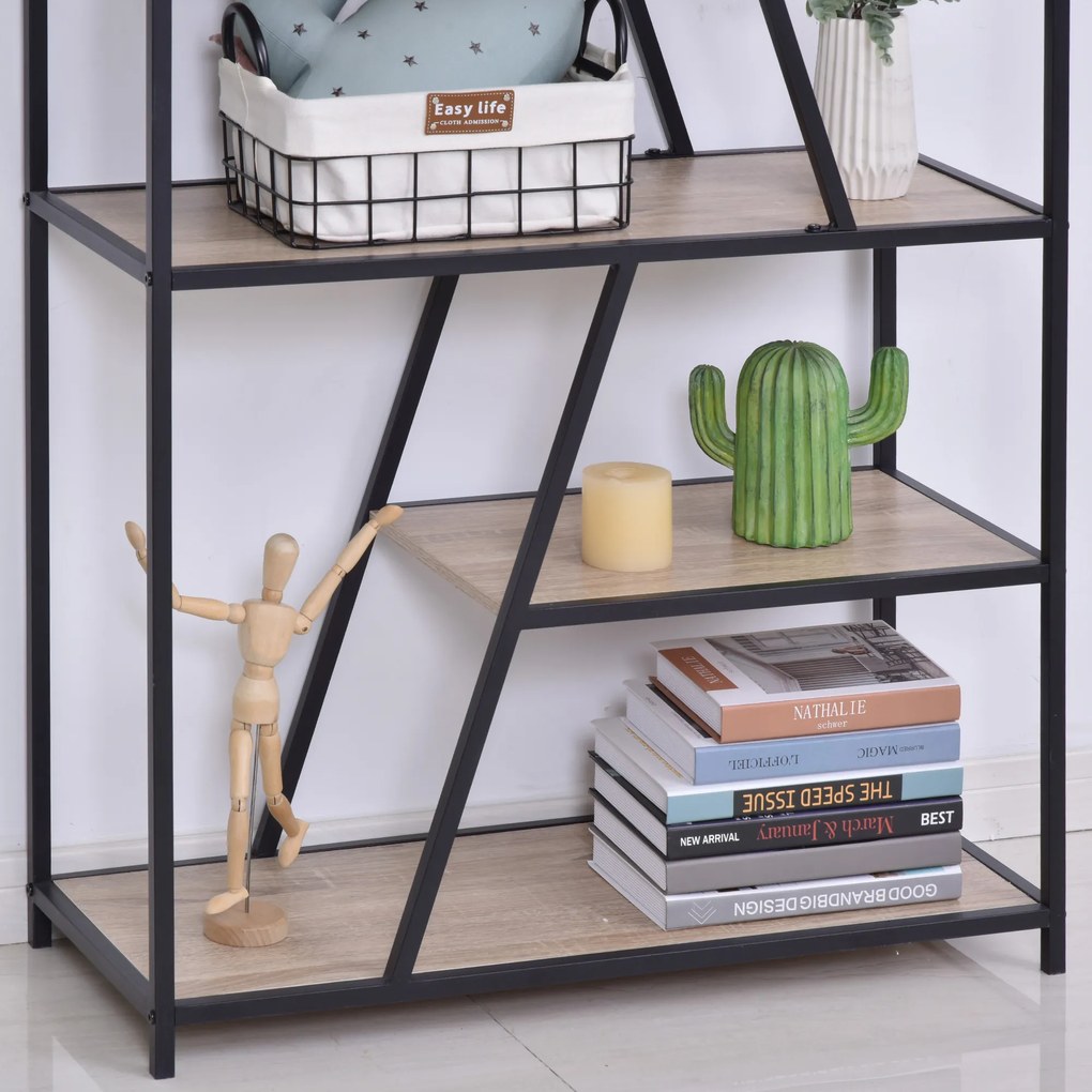 HOMCOM Biblioteca cu 9 Rafturi Trapezoidale Deschise Lemn, Atirasturnare, Cadru din Metal, Negru, 100x30x182cm