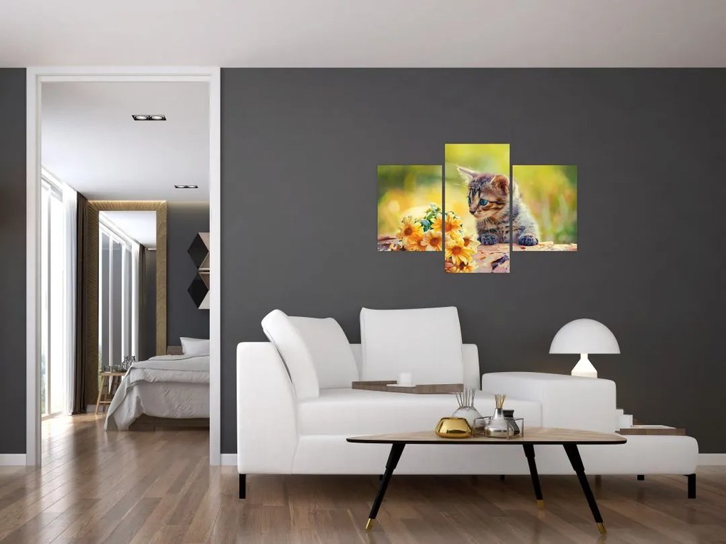 Tablou cu pisicuța uitându-se la floare (90x60 cm)