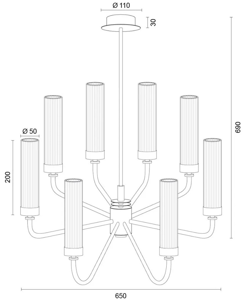 Candelabru 8 brate, otel nickel, sticla canelata PRESTON 5084