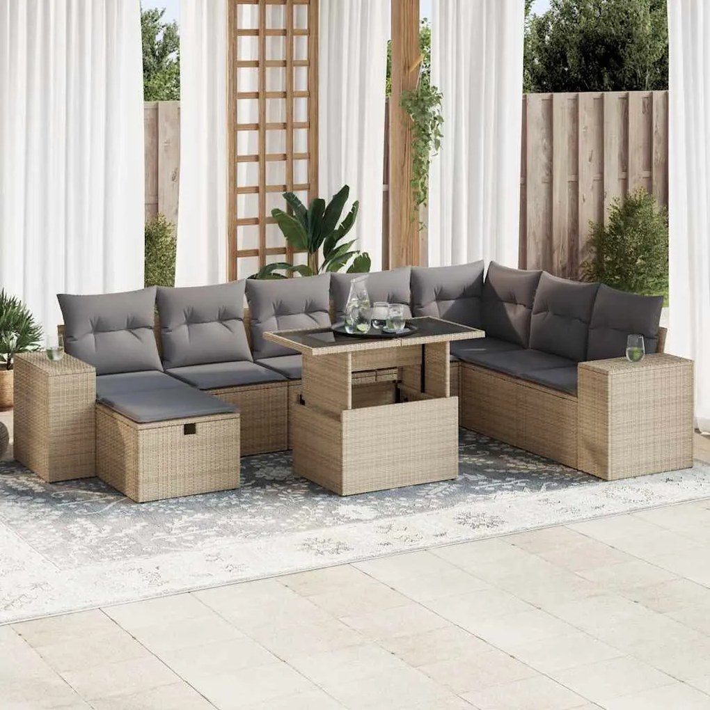 vidaXL Set canapele de grădină, 9 piese, cu perne, bej, poliratan