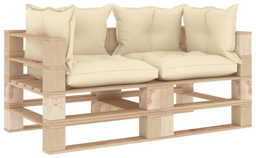 vidaXL Canapea de grădină din paleți cu 2 locuri, perne crem, lemn