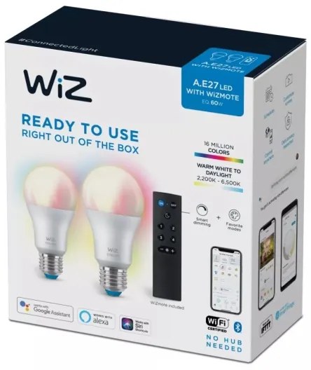 SET 2x bec LED RGBW dimabil WiZ A60 E27/8,5W/230V 2200-6500K Wi-Fi + telecomandă