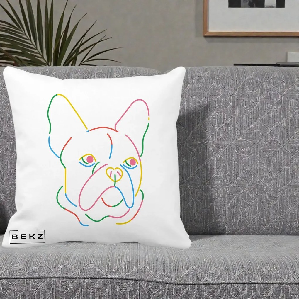 Perna Decorativa Bulldog Francez Line Art Curcubeu, 40x40 cm, Alba Mata, Husa Detasabila, Perna Inclusa, BEKZ®