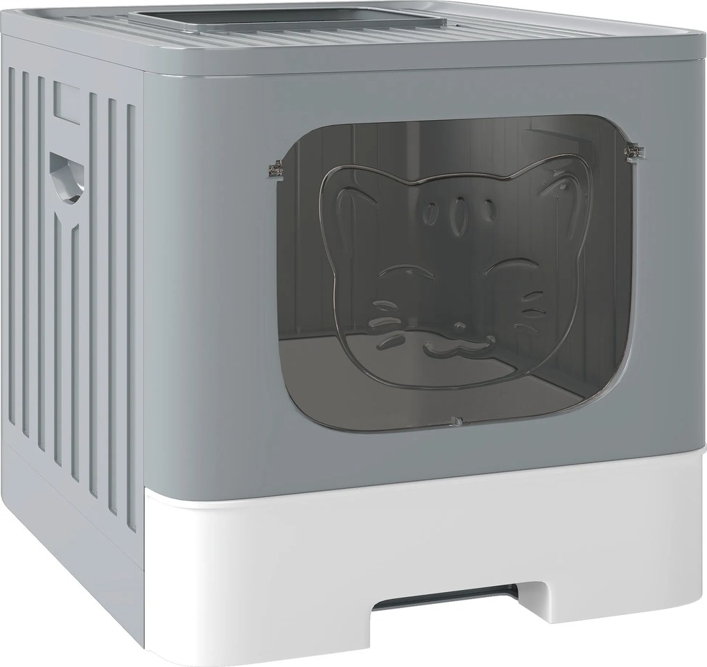 PawHut Litieră pliabilă pentru pisici M cu capac grilaj Tavă detașabilă Lopată Cârlig lateral Ușor de curățat Etanșă Gri | Aosom Romania