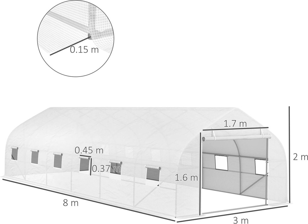Outsunny Seră de grădină tunel de dimensiuni mari cu acoperiș PE cadru din oțel ușă rulabilă și 12 ferestre 8 x 3 x 2 m alb | Aosom Romania