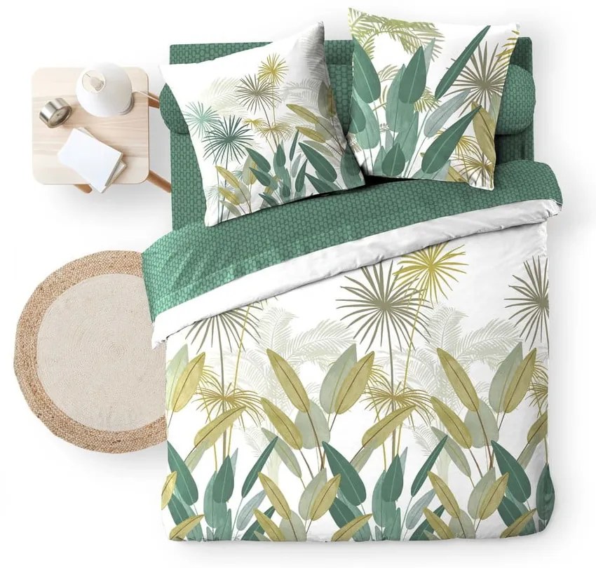 Lenjerie de pat albă-verde din bumbac pentru pat dublu, extinsă cu cearceaf inclus, cu 6 piese 240x220 cm Otika – douceur d'intérieur