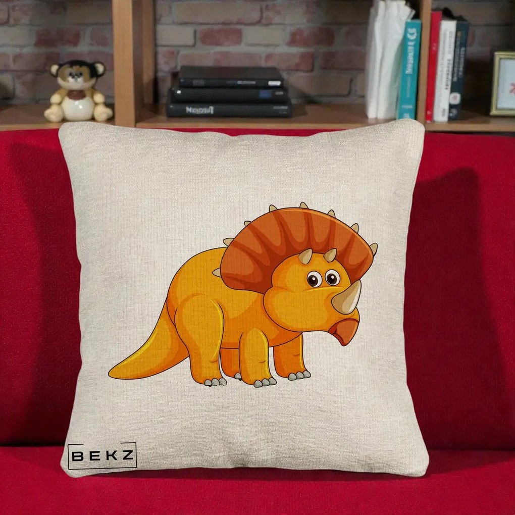 Perna Decorativa Triceratops Portocaliu, 40x40 cm, Bej Canapea, Husa Detasabila, Perna Inclusa, BEKZ®
