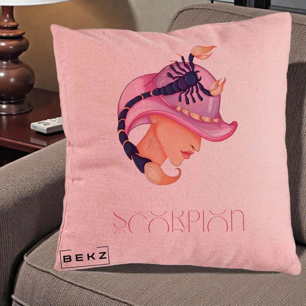 Perna Personalizata Zodiac Scorpion Cowgirl, 40x40 cm, Roz, Husa Detasabila, Perna Inclusa, BEKZ®